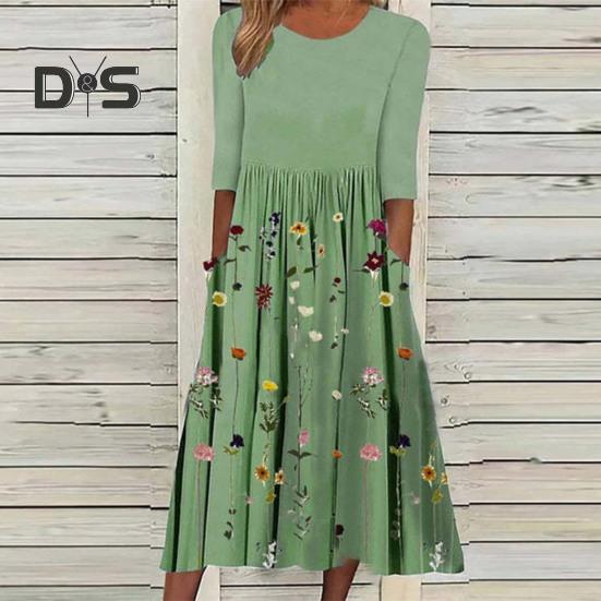 Rochie Midi de Vară Fluidă pentru Femei Rochie Boho Florală Plisată cu Buzunare Casual Mânecă Scurtă Gât Rotund Rochie Swing