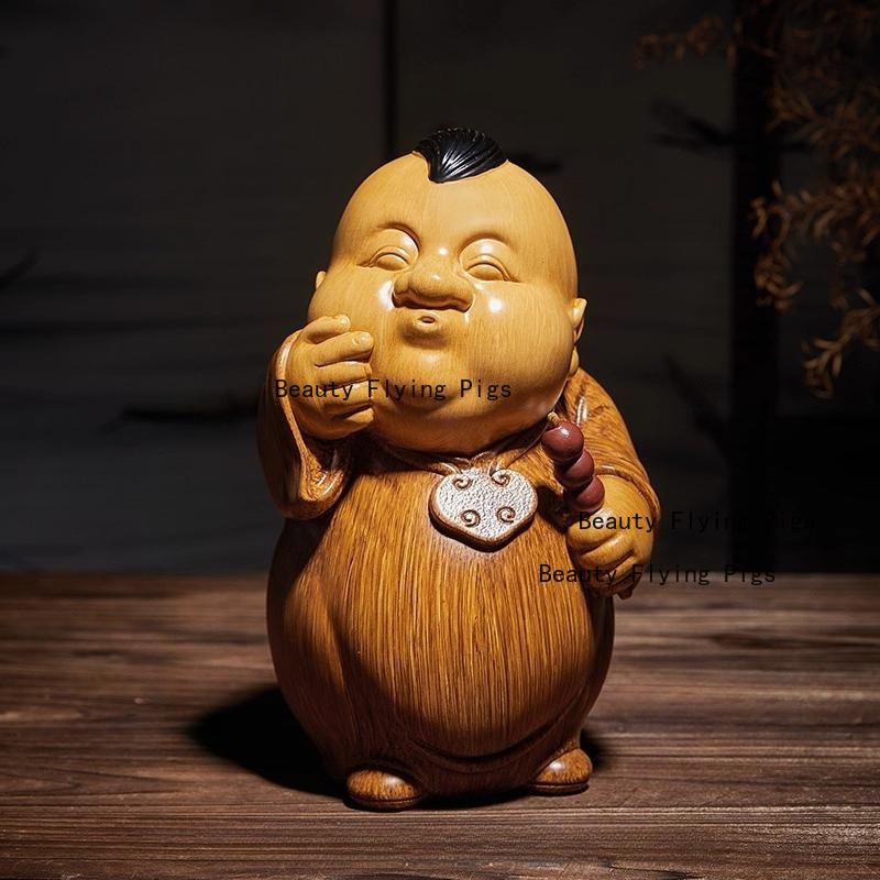 1pc Chinese Landlord's Ornament Wooden Carved Figurine Ornaments Home Decoration Wooden Carving Crafts Feng Shui Sculptures