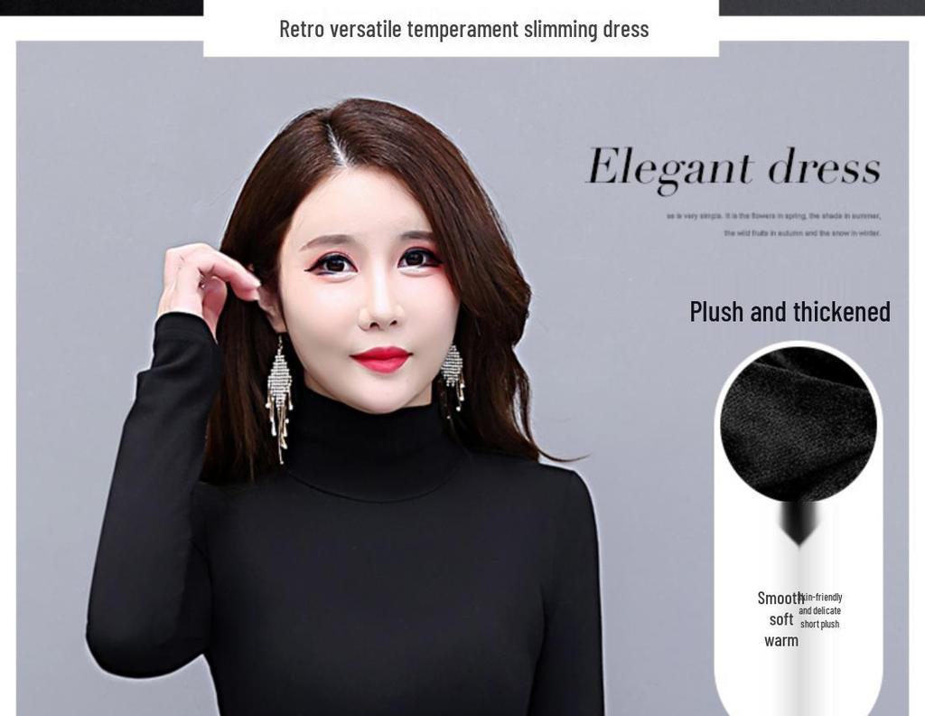 Black High-Neck Hepburn-Style Velvet Dress - Slimming Long Winter Skirt for Women