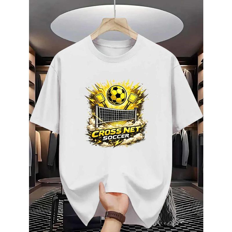 

European sizes Cross Net Soccer Men S T-Shirt Dynamic Soccer Ball And Net Print Pattern Pure Premium Print Durable Casual Fashion S белый