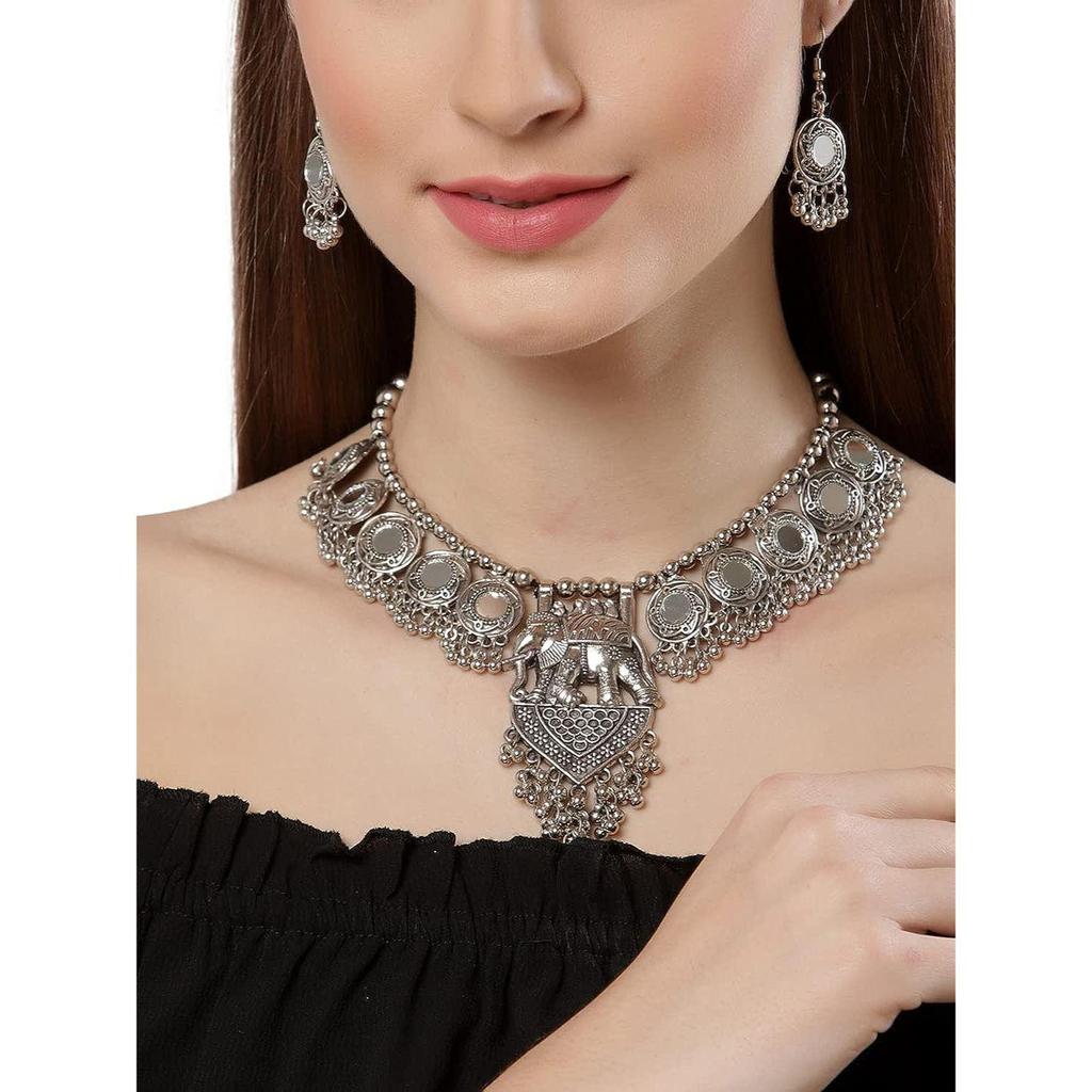 Shining Diva Fashion Latest Stylish Traditional Oxidised Silver Necklace Jewellery Set for Women