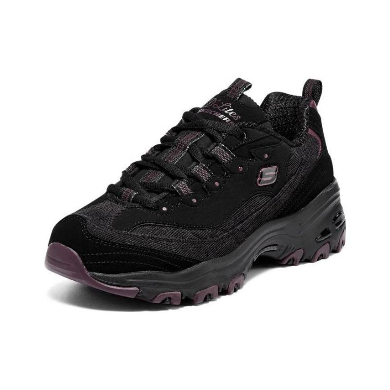 Skechers D'LITES 1.0 Milk Tea Bear Bold Bayberry Women Mesh Leather Low Chunky Sneakers Black Purple 149906-BKPR