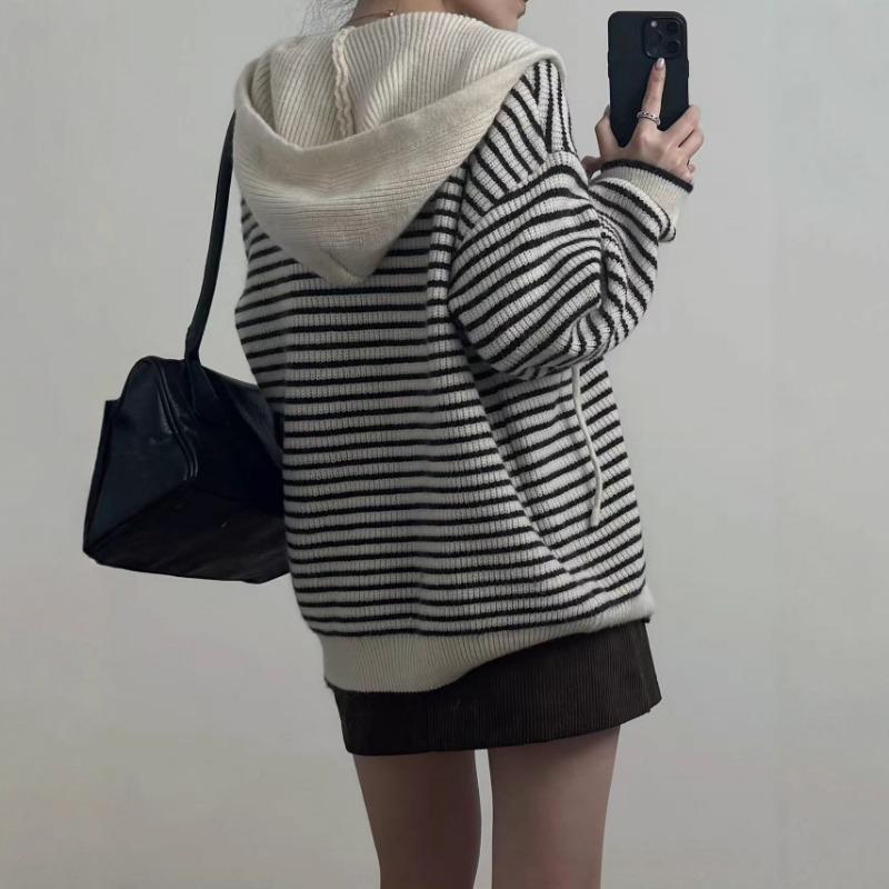Lazy wind striped hooded sweater jacket women's autumn and winter new loose casual zipper knitted cardigan
