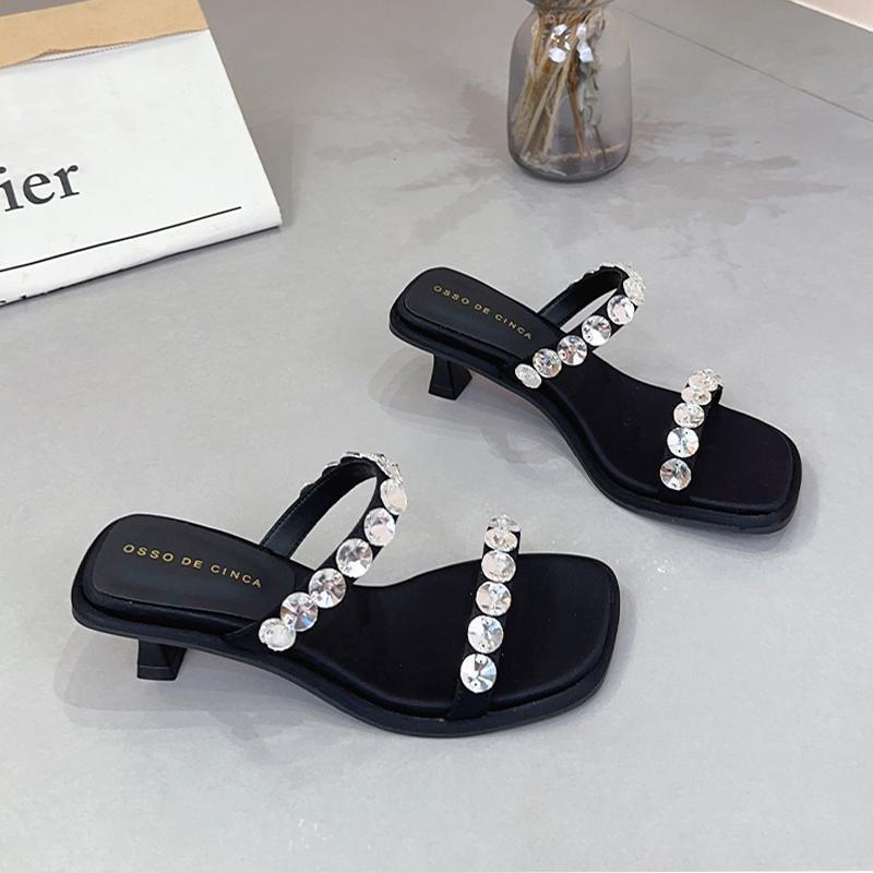 Fashion Hot Selling Female Shoes Ladies' Slippers Glitter Slides Women Heels Rubber Flops Square Heel Fashion 2025 Jelly High Hawaiian