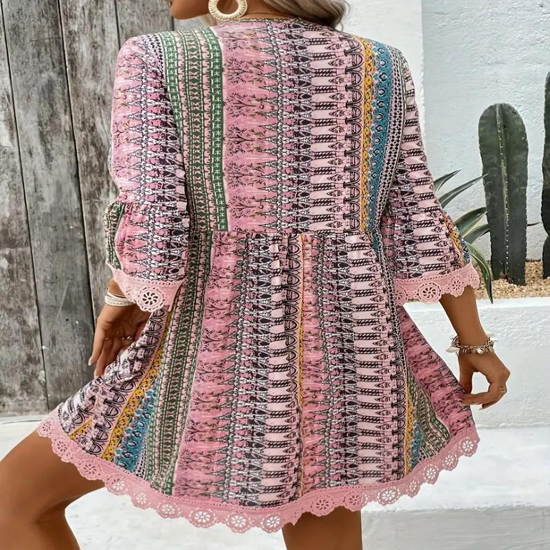 Vintage Printkleid Damen Mode Boho Sexy V-Ausschnitt Langarm Locker Kleider Für Frauen Sommer Urlaub Vestidos Damen Kleidung Neu