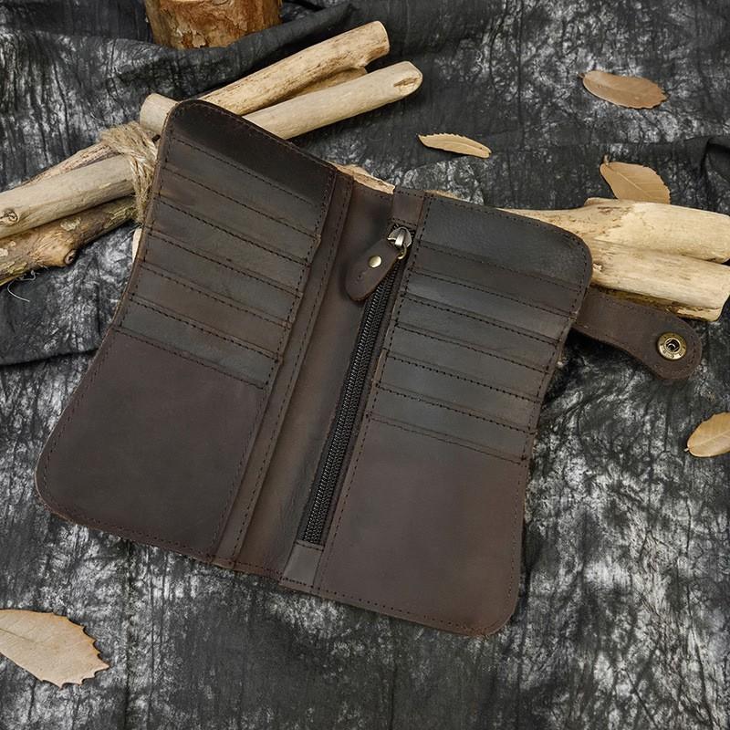 Men's Crazy Horse Leather Wallet Genuine Long Iron Chain Anti Theft Handbag RFID Demagnetization Zero