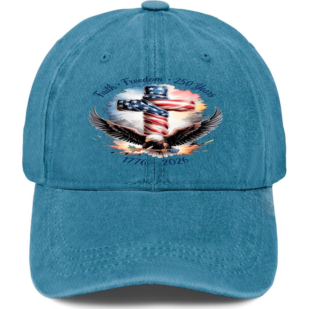 Christian America Th Anniversary Faith Cross Eagle Washed Denim Baseball Cap Adjustable
