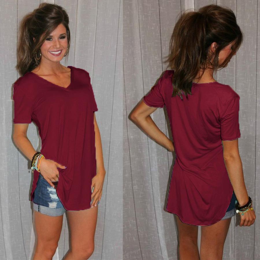 Summer Women's V-Neck Short Sleeve Loose T-Shirt with Rounded Hem, Plus Size Solid Color Cami Top