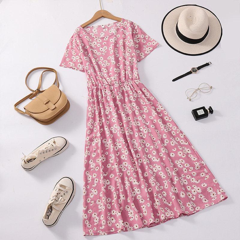 Floral Print Summer Short Sleeve Mid-length Skirt for Mature Women M