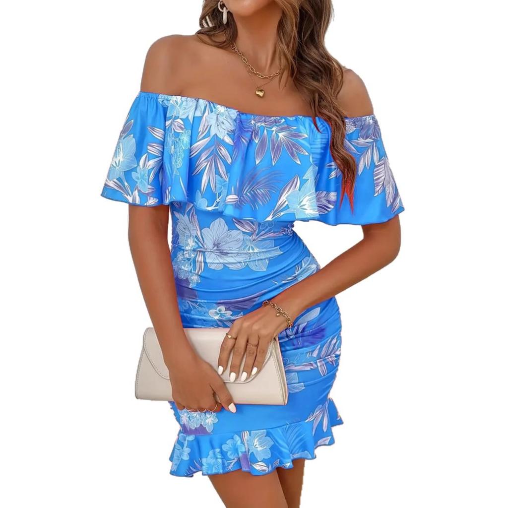 Summer New Floral Print One-word Shoulder Hip Dress Tropical Vacation Elegant Dress