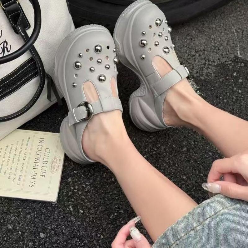 Fashion leather outer wear round head hole shoes women's new thick sole height increase small rivet hollow bag head drag