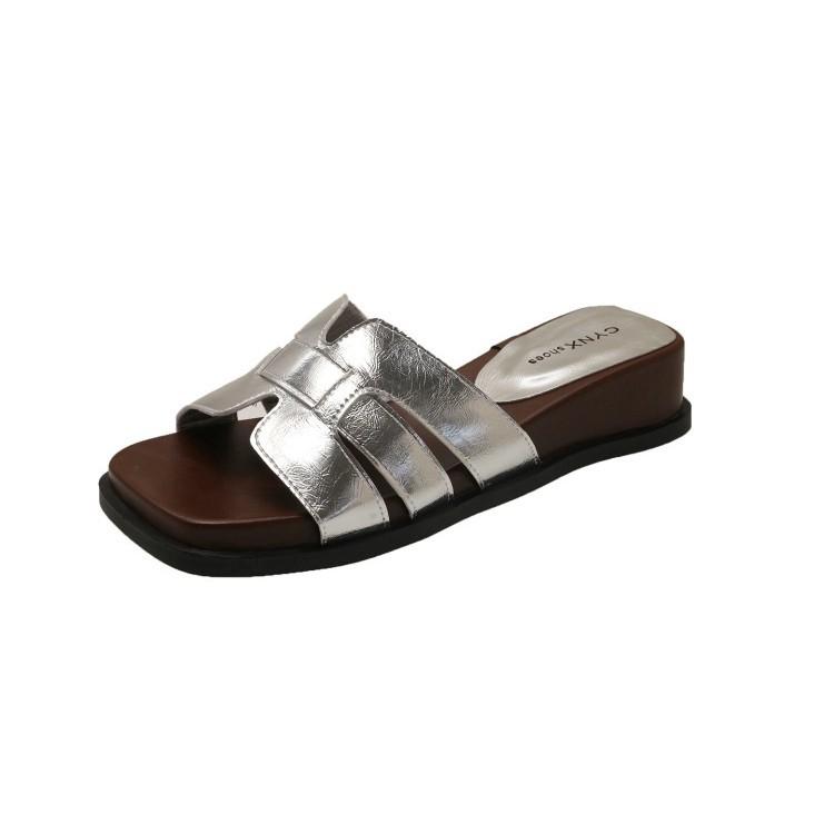 Black retro wedge heel heightening one-word slippers women's summer wear 2025 new soft-bottomed versatile non-slip cool slippers