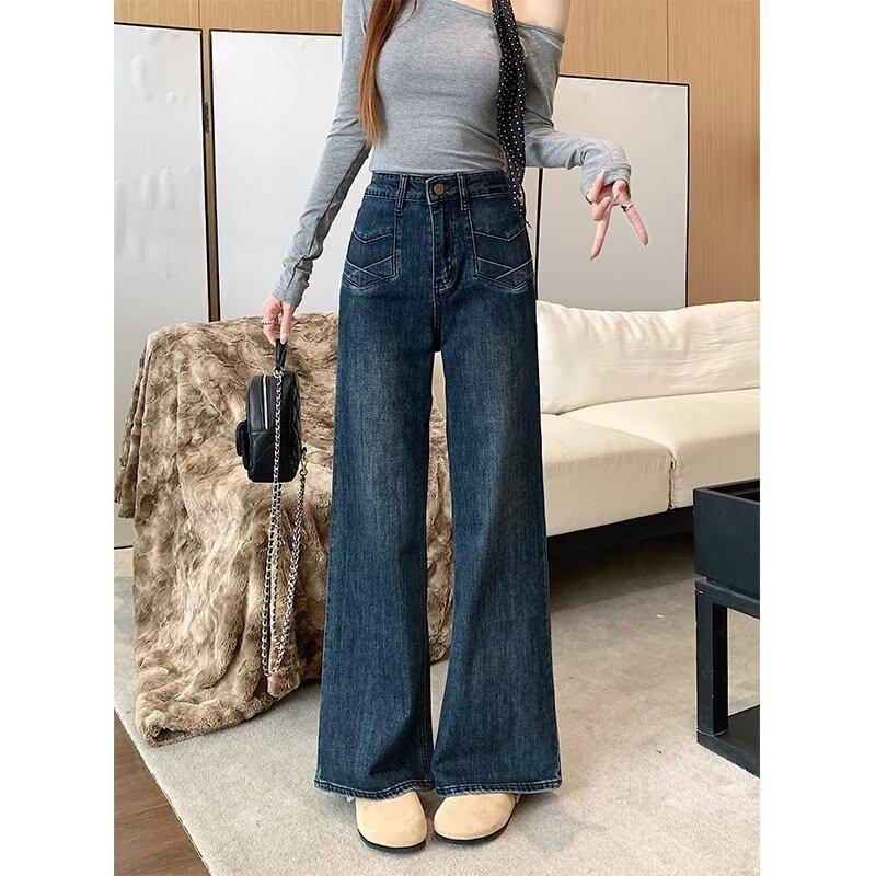 Plus Size Stretch High Waist Straight-Leg Jeans for Pear-Shaped Women - Slimming Design Wide Leg Long Pants