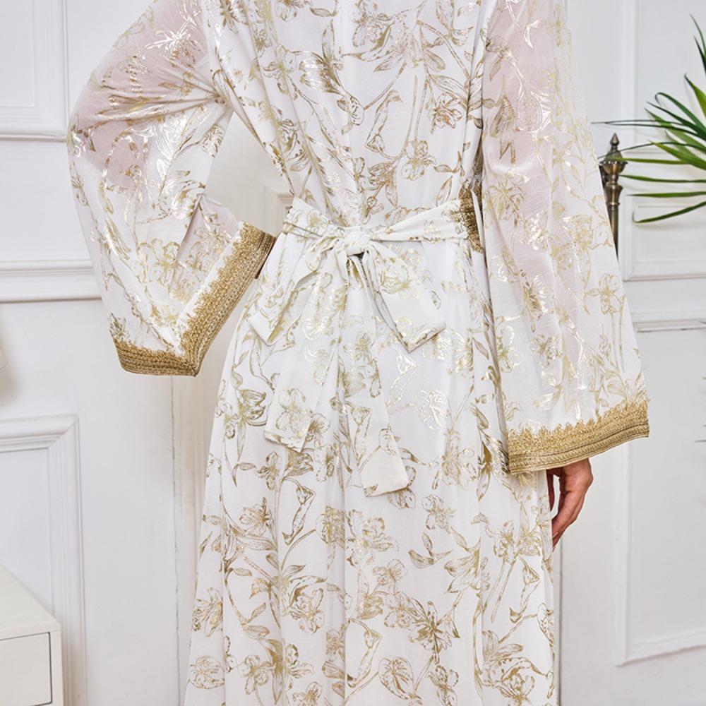 Women's Evening Gown: Stylish Long Dress Featuring Textured Floral Patterns and Gold Foil Accents