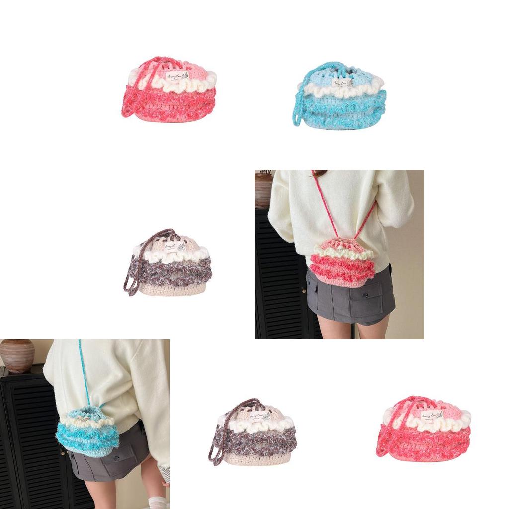 Cotton Linen Knitting Water Bucket Style Shoulder Bag For Kids And Teens