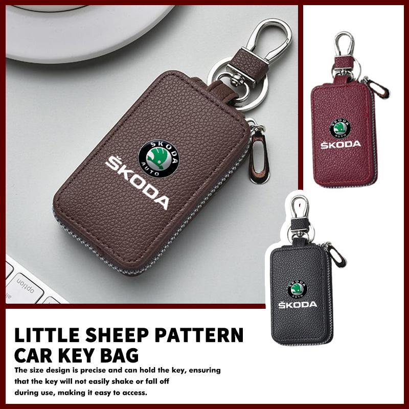Cqmes7 Car Key Protector Bag Key Holder Mini Auto Key Case Wallet Zipper Bag Keychain For Skoda Kamiq Karoq Octavia 2 3 Rapid Scala