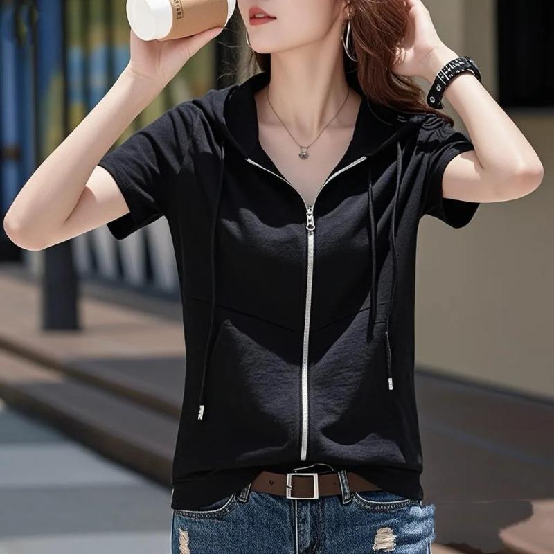 

Pure Cotton Short-sleeved T-shirt Women s New Loose Casual Hooded Zipper Top Torso Summer M чорний