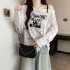 American Plus Size One-Shoulder Letter Print Long Sleeve Women's T-shirt - 2025 Autumn, New Loose Slimming Trendy Top