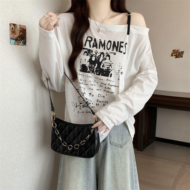 American Plus Size One-Shoulder Letter Print Long Sleeve Women's T-shirt - 2025 Autumn, New Loose Slimming Trendy Top