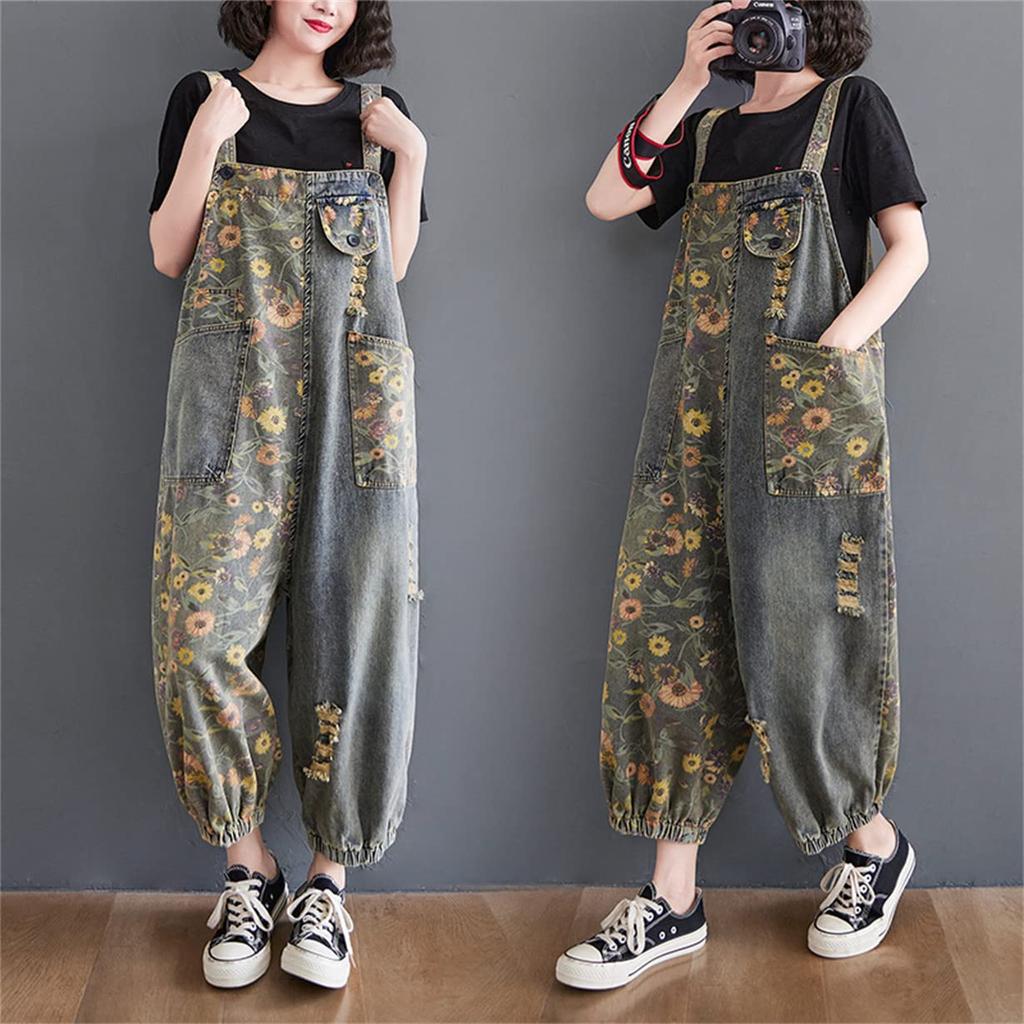 Mouhoukyo Denim Floral Print Women's Overalls, Wide-Leg Pants, Jeans, M-2XL (Color shown, 2XL)