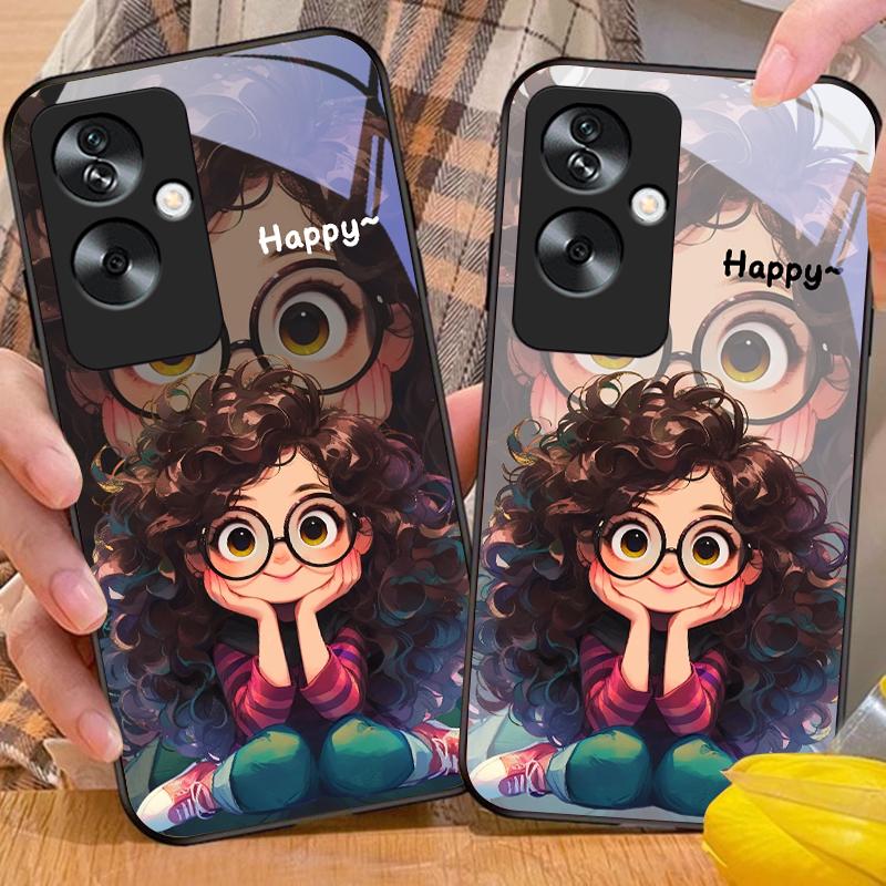 Mädchen mit lockigen Haaren Für Oppo A79 5G 58 78 74 60 4G Reno 11F Realme GT 6 11 Note 50 10 C55 X2 Gehärtetes Glas Schwarze Handyhülle