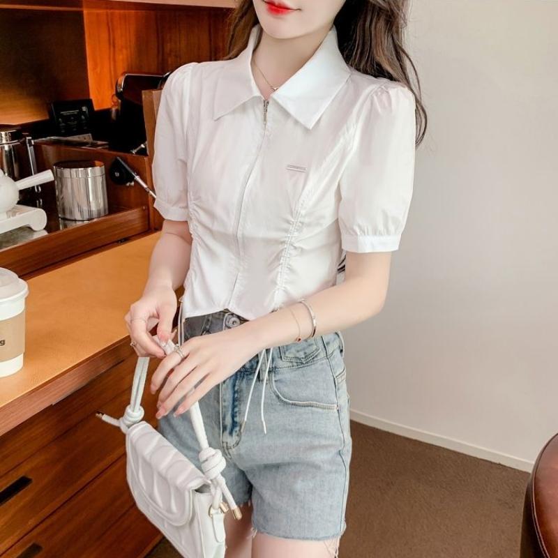 Summer Women's Bubble Sleeve Zip Cardigan Shirt Short Fashion Drawstring Waist Chic Niche Tops with Design