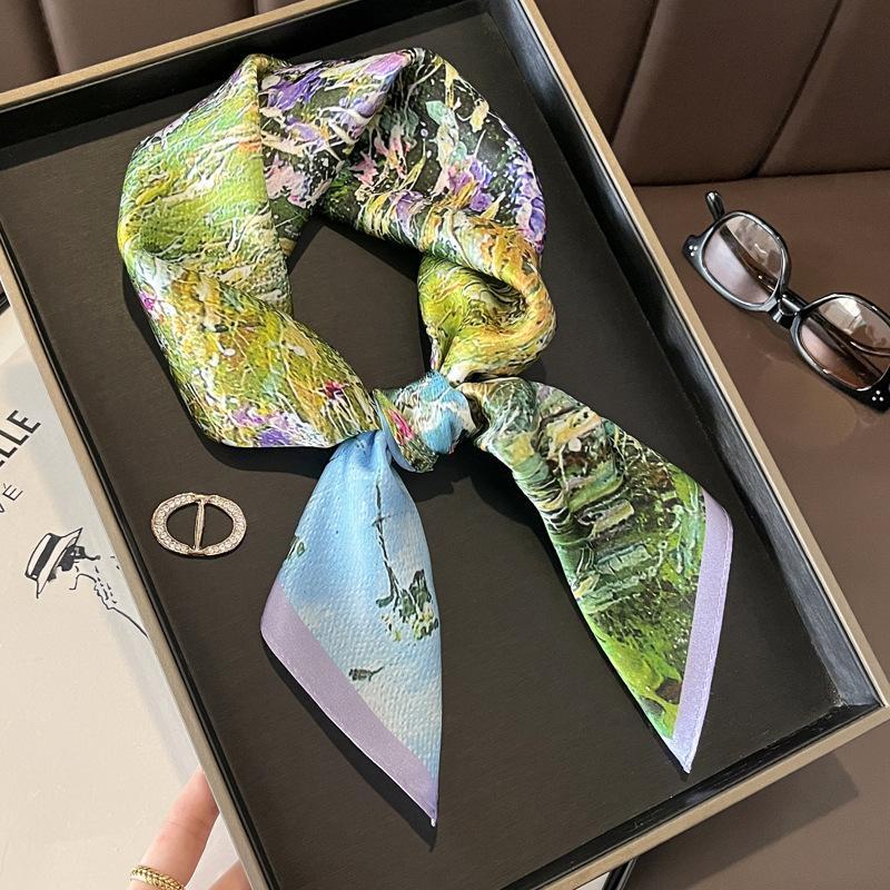 Blue Cherry Blossom Chessboard Mulberry Silk Scarf Female Simulation Silk Scarf Decorative Scarf Mom Shawl 70Cm Square Scarf