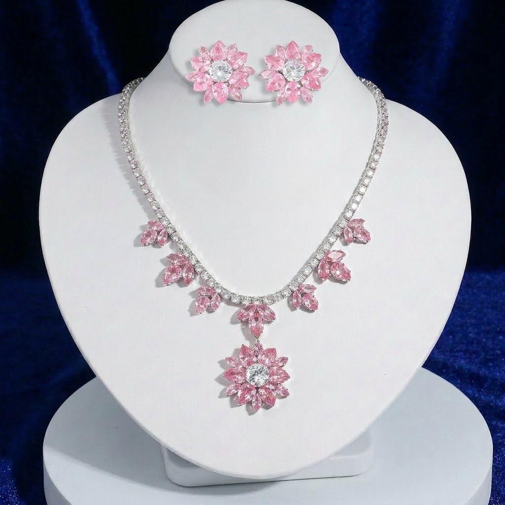 European and American Style Zircon Pink Plum Blossom Necklace and Earrings Set