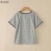 ZANZEA Women Plaid Print Summer Casual Round Neck Short Sleeve Blouse