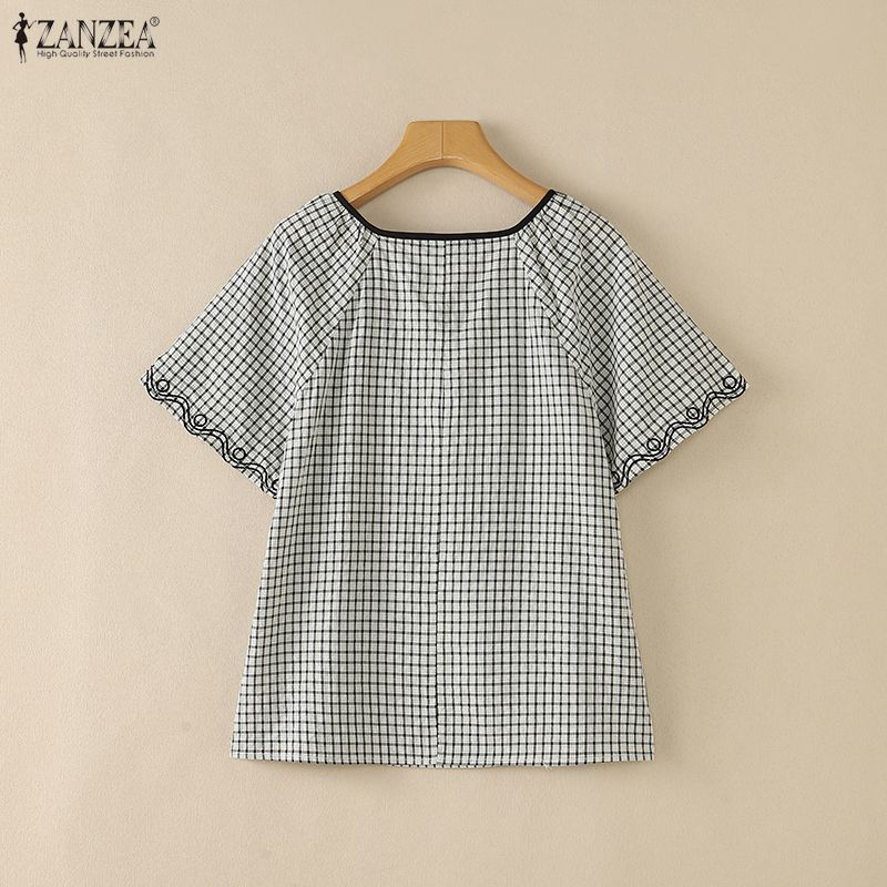ZANZEA Women Plaid Print Summer Casual Round Neck Short Sleeve Blouse