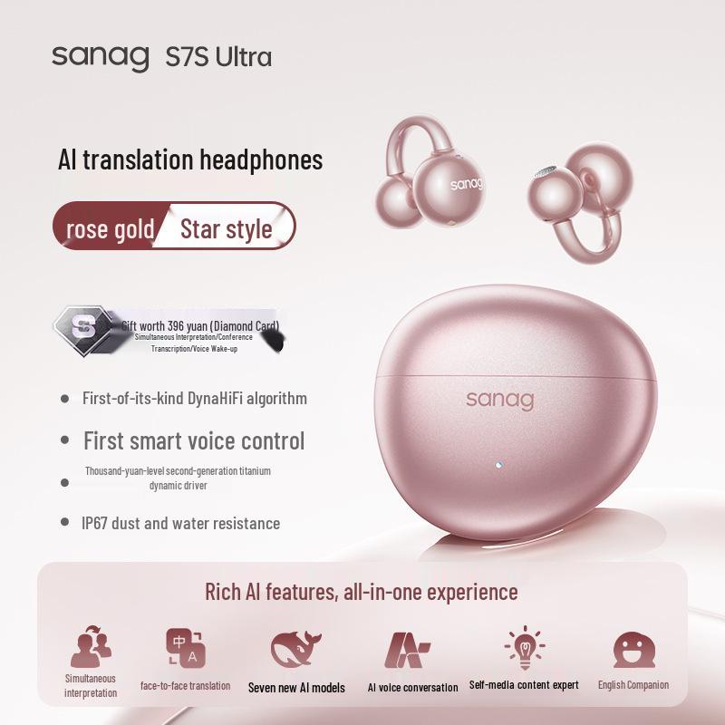 Sanag S7S Bluetooth Ear Clip Earphones with AI Translation and Air Conduction for 2025 Sports - Open, Not In-Ear Design