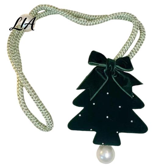 Reusable Christmas Decorations Tree Curtain Tieback, Green Velvet Holder with Bow And Festive Door Handle Pendants Faux Pearl, Decorative Drape