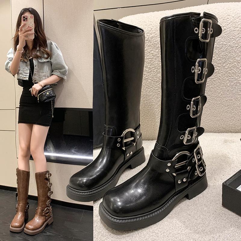Fashion Platform Combat Boots Zip Chuny Heel Buckle Vintage Fashion Casual Luxury Designer Western Mid Calf Boots Shoes Woman
