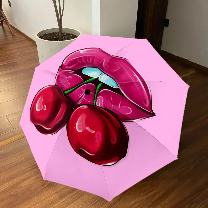 1pc Lips Cherry Automatic Open/Close Umbrella Compact Folding Umbrella with 8-Rib Shaft for Women/Men, Elegant Birthday1122S