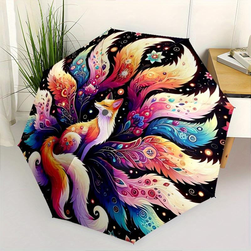 

1pc Colorful Fox Feather Design Automatic Opening/Closing Umbrella - Portable 3-Fold Design, 8 Iron Frame Outdoor Umbrella, Ideal Festival Gift f