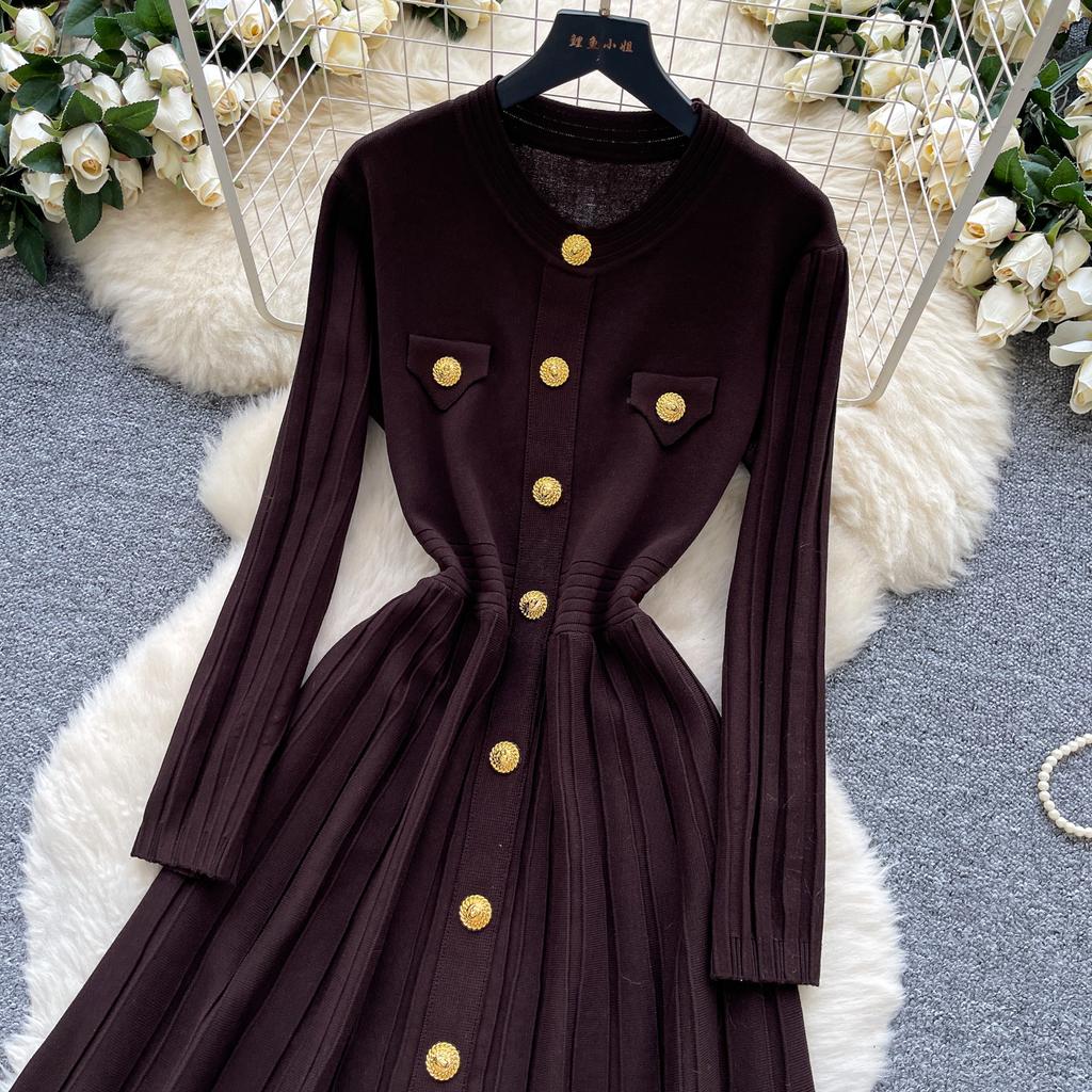 Autumn Winter High Waist Knitted Umbrella A-line Dresses 2025 New Buttons O-neck Long Sleeve Loose Sweater Dress Female