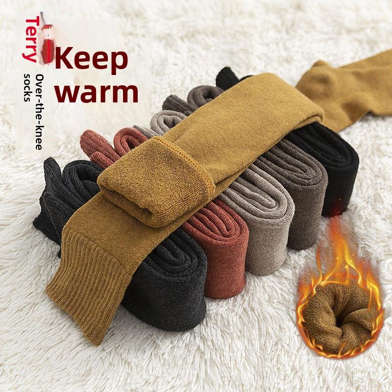 Warm Thigh-high Socks, Women's Over-the-knee Socks, Versatile Loop Socks, Mid-calf with Fleece for Autumn and Winter, High-calf Anti-slip Fleece