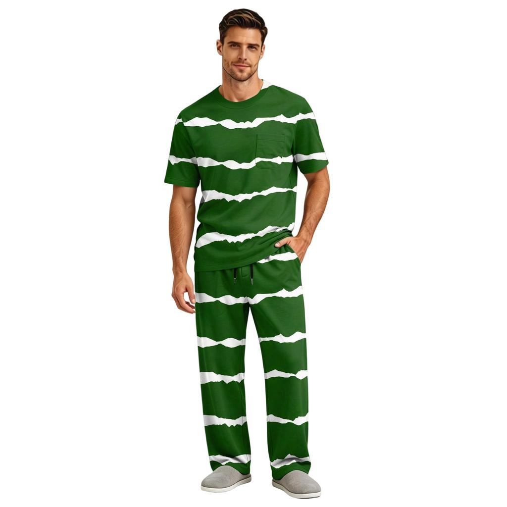 Men's Short Sleeve Pajama Set with Long Pants, Button Crotch, Elastic Waist Drawstring - Comfortable Sleepwear