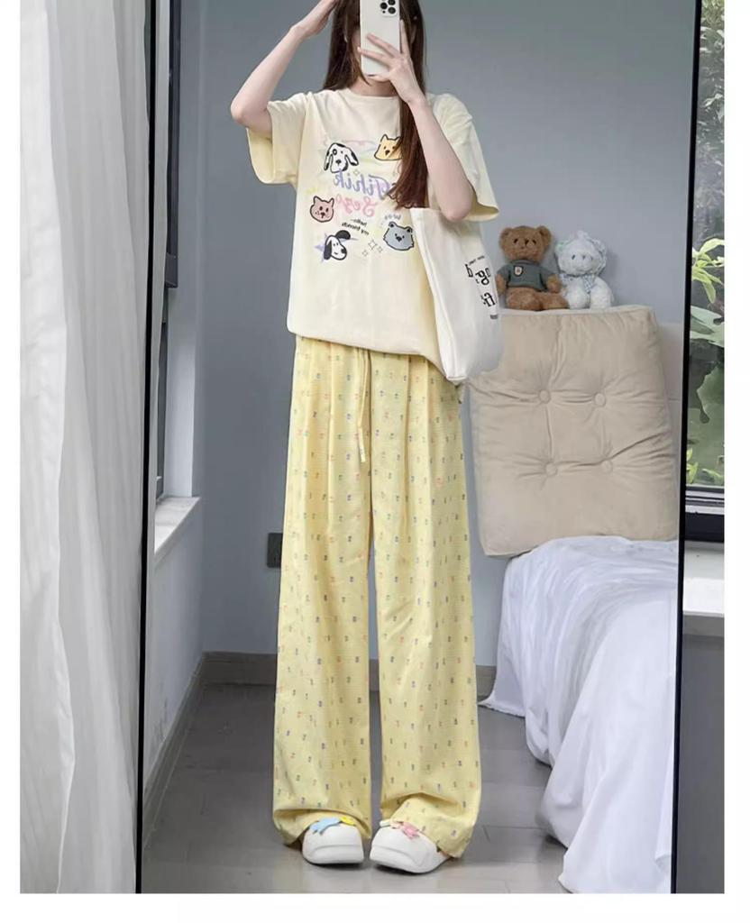 Women's 2024 Summer Yellow Polka Dot Wide-Leg Ice Silk Pants