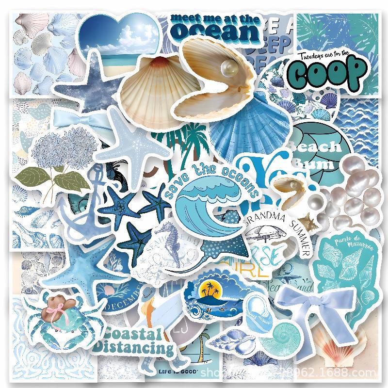 58pcs The Coastal Stickers Skateboard Notebook Luggage Phone Car Stickers Scrapbooking Kawaii Cartoon Shell Crab Shrimp Decals