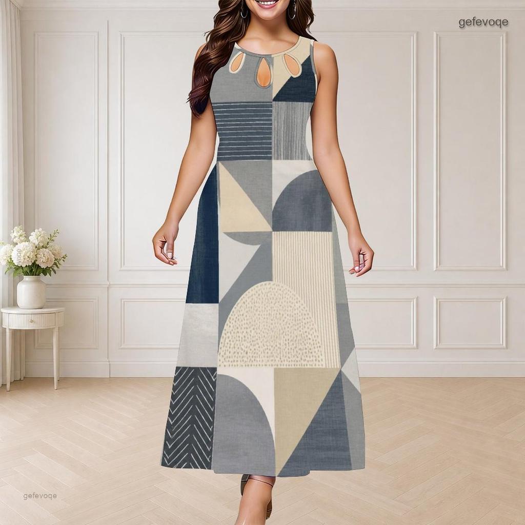 Women Plus Size Round Neck Triple Keyhole Sleeveless Geometric Printed Long Dress