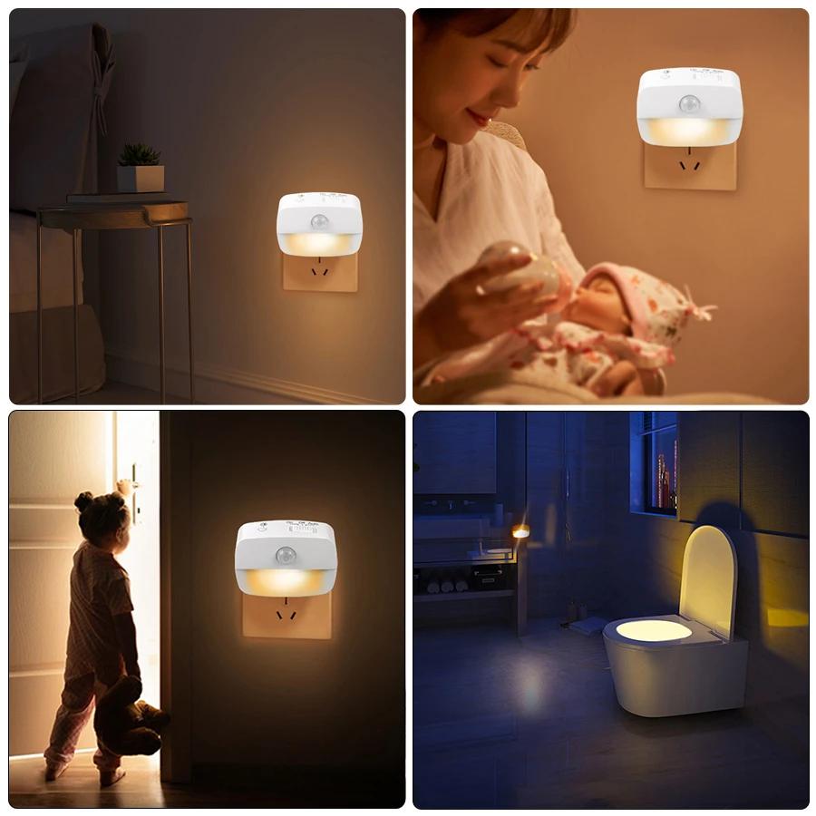 Led Night Light With Motion Sensor EU US Socket AC 85-265V Pir Human Induction Lamp 3 Colors Plug In Wall For Bedroom Hallway