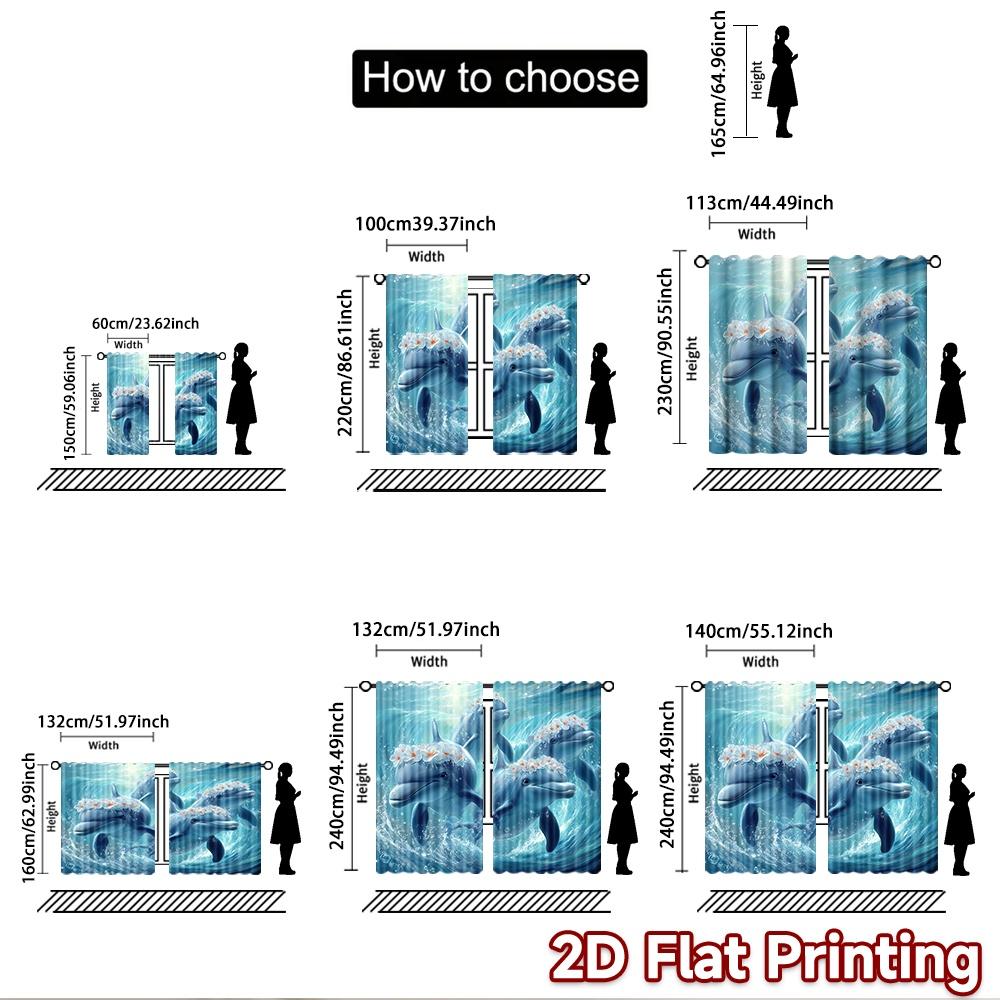 2D Flat Printing 2pcs Curtains Dolphins Playing In Ocean Waves Digital Printed Polyester Drapes All Season Party & Holiday Decor