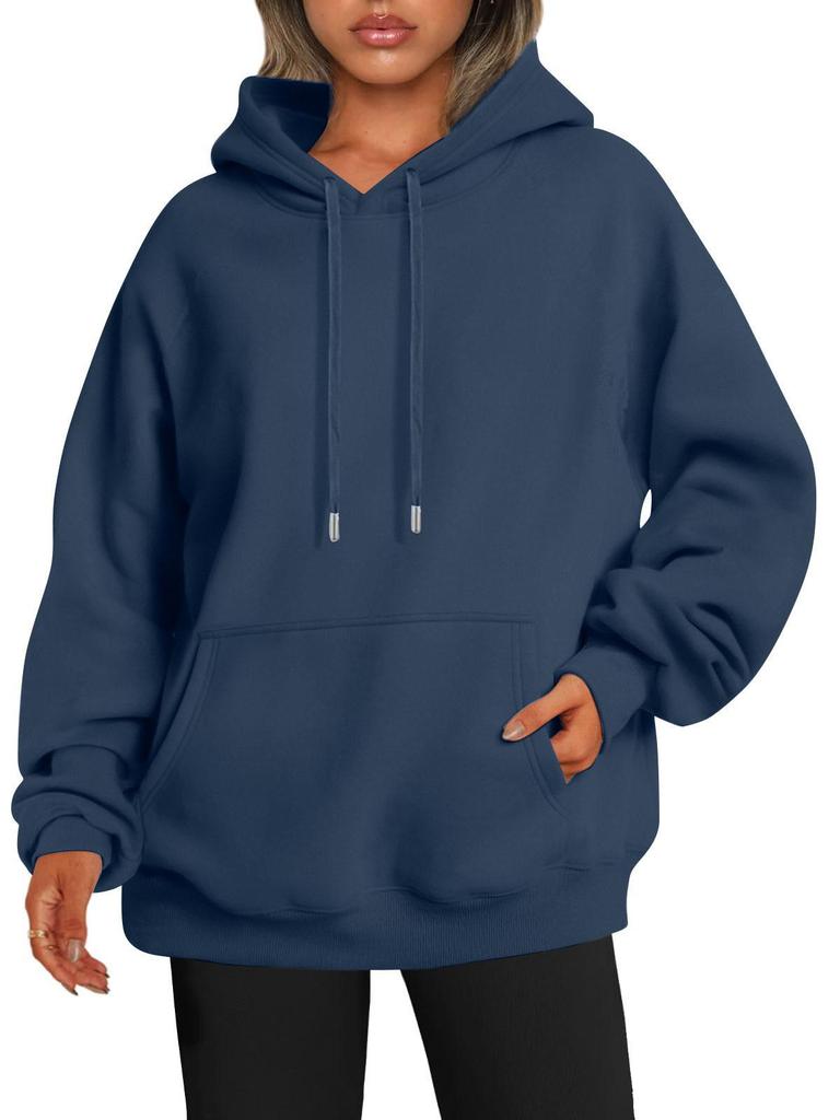 European 2023 Women's Autumn/Winter Plus Velvet Solid Color Loose Hooded Sweatshirt