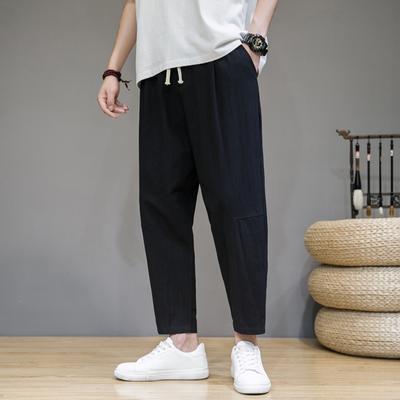 Spring Chinese Style Men's Solid Color Cotton and Linen Loose Nine-point Pants Fashion Casual Sports Pants