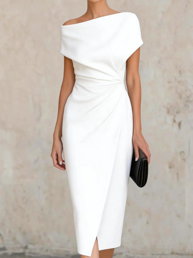 One-Shoulder Ruched High-Waist Tiered Dress for Evening Party, Commute, and Split Cocktail Gown
