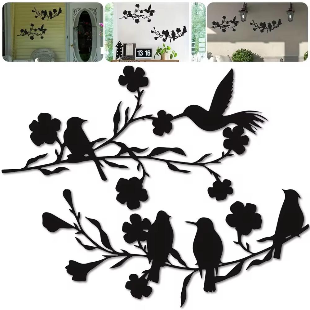 1pc Stunning Metal Birds Wall Art Black Leaves and Flowers Decor for Home and Garden, Indoor and Outdoor Branch Sculpture