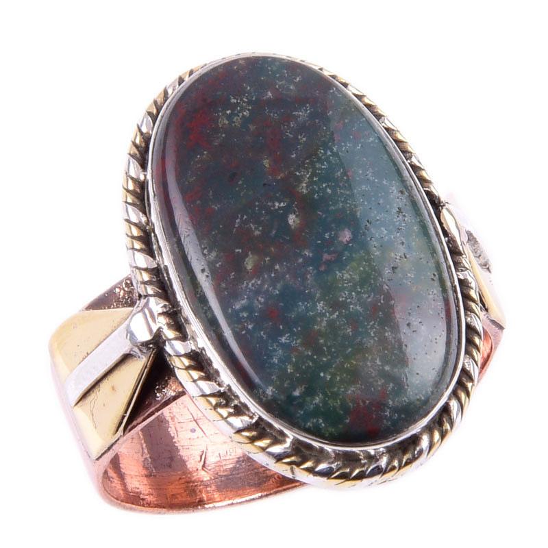 Natural Bloodstone Gemstone Handmade 925 Sterling Silver Two Tone Ring S.8 E7h89