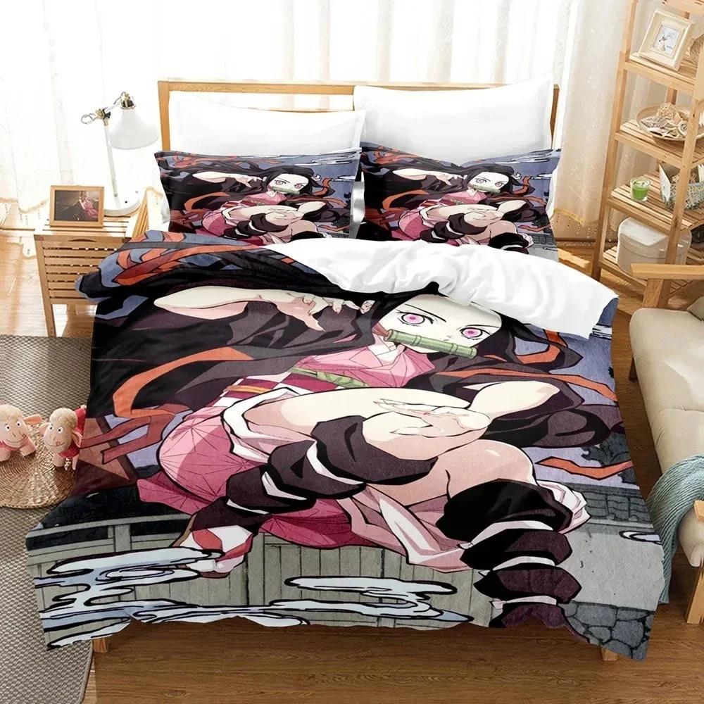 Anime Demon Slayer Nezuko Sängkläder Set Påslakan Sängset Täcke Örngott Täcke king Queen Size Pojkar Vuxen