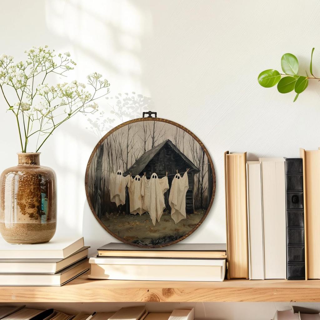 MOTERMATE Funny Halloween Ghost Wall Art Decor Round Framed, Spooky Laundry Ghost Canvas Wall Art Artwork Prints, Whimsical Rustic Hanging Decor